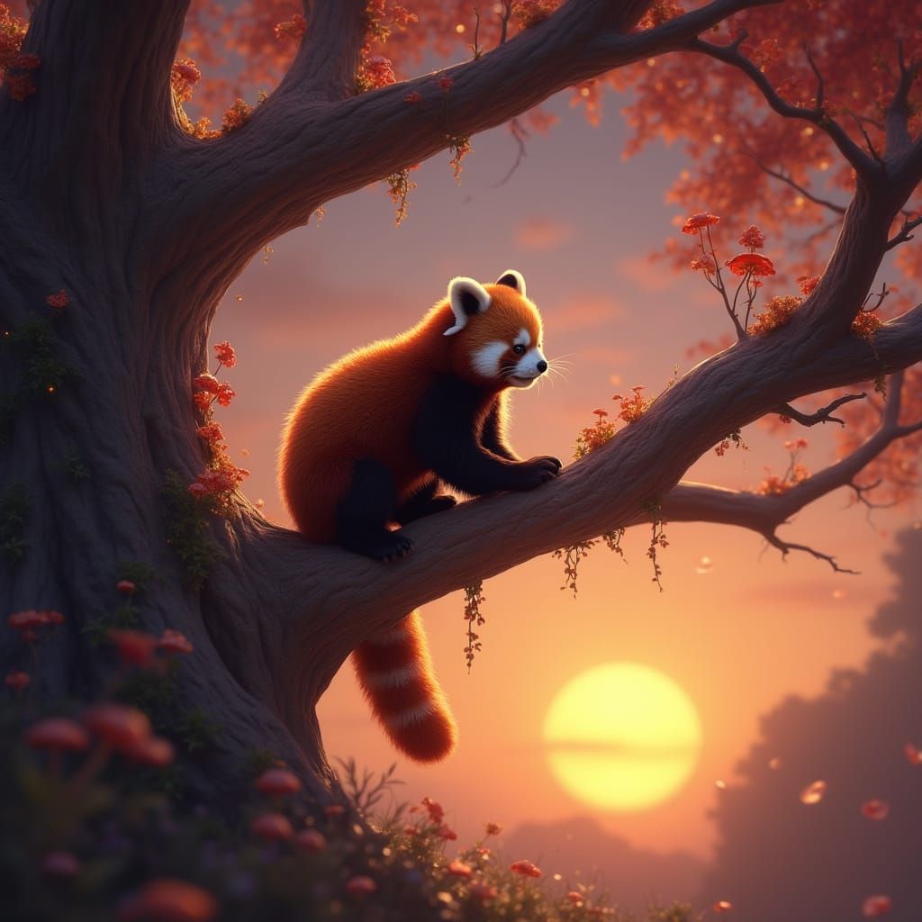 Mystical Red Panda in Ethereal Sunset Glow