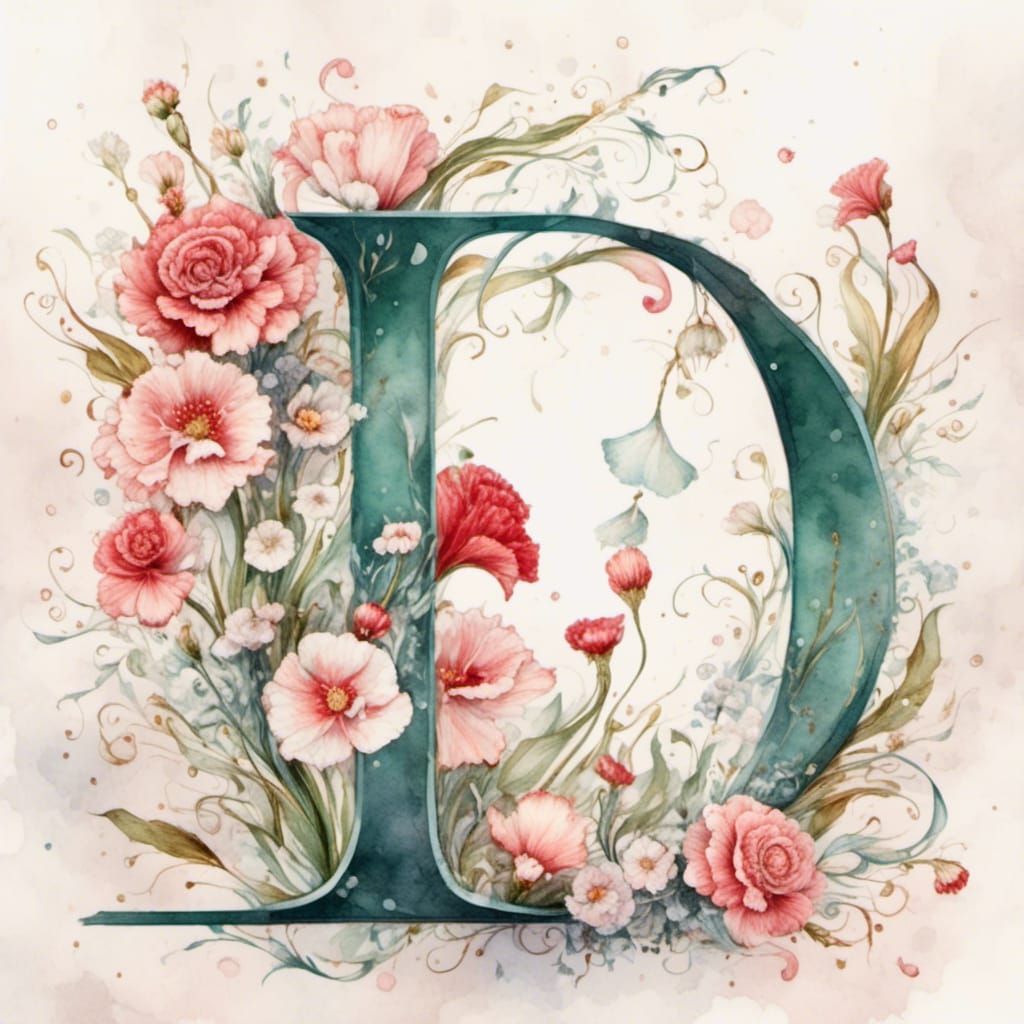 Floral Letter D Watercolor Clipart Illustration