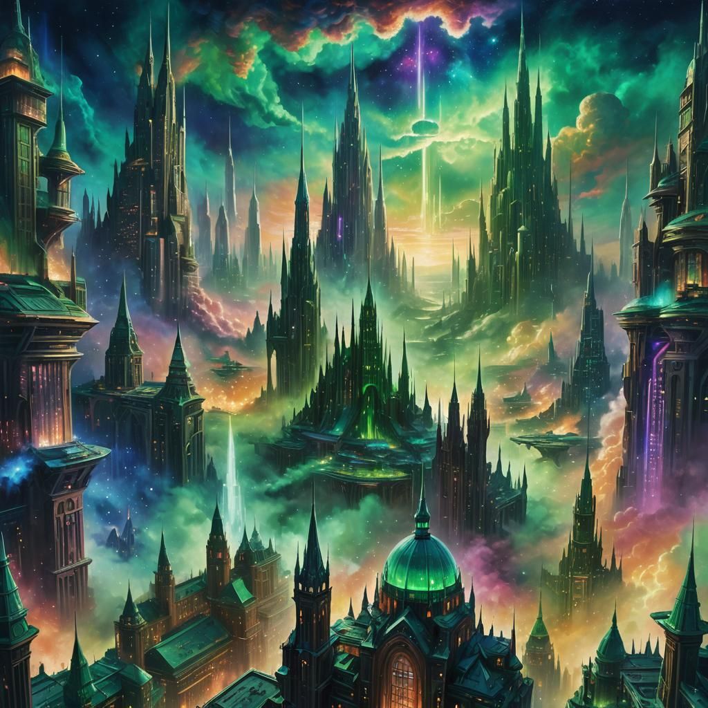 Futuristic Cityscape in Iridescent Nebula, Digital Art