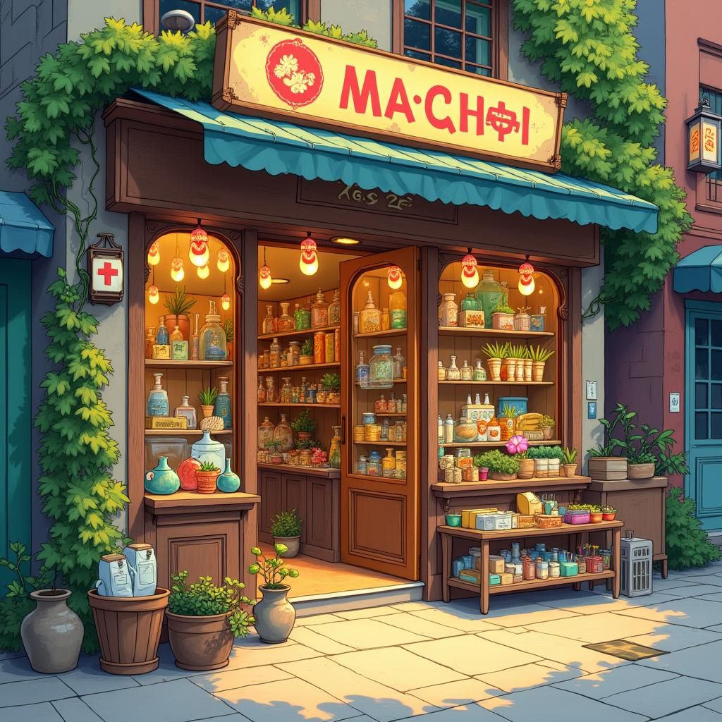 Dreamy Marketplace Storefront Illustration in Miyazaki Style