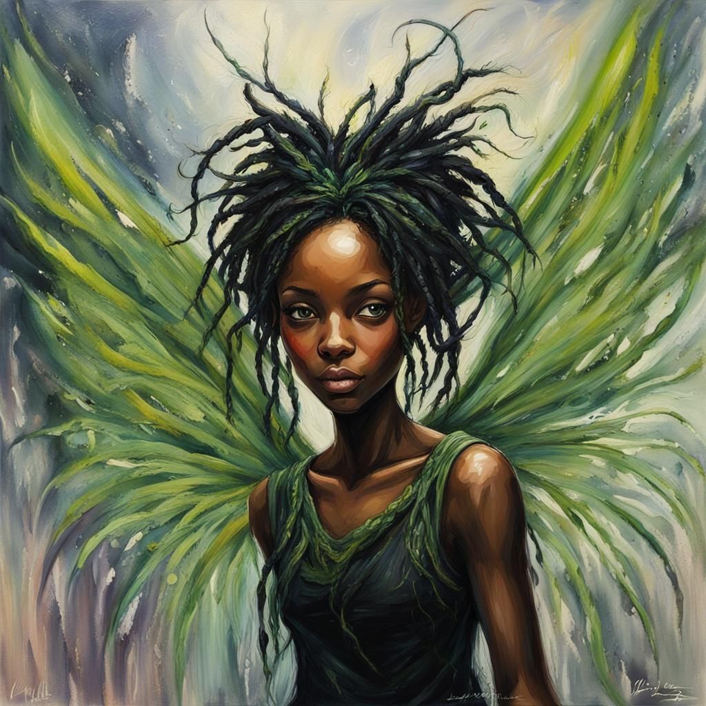 Black Pixie Fairy with Green Magic, Romantic Action Painting
