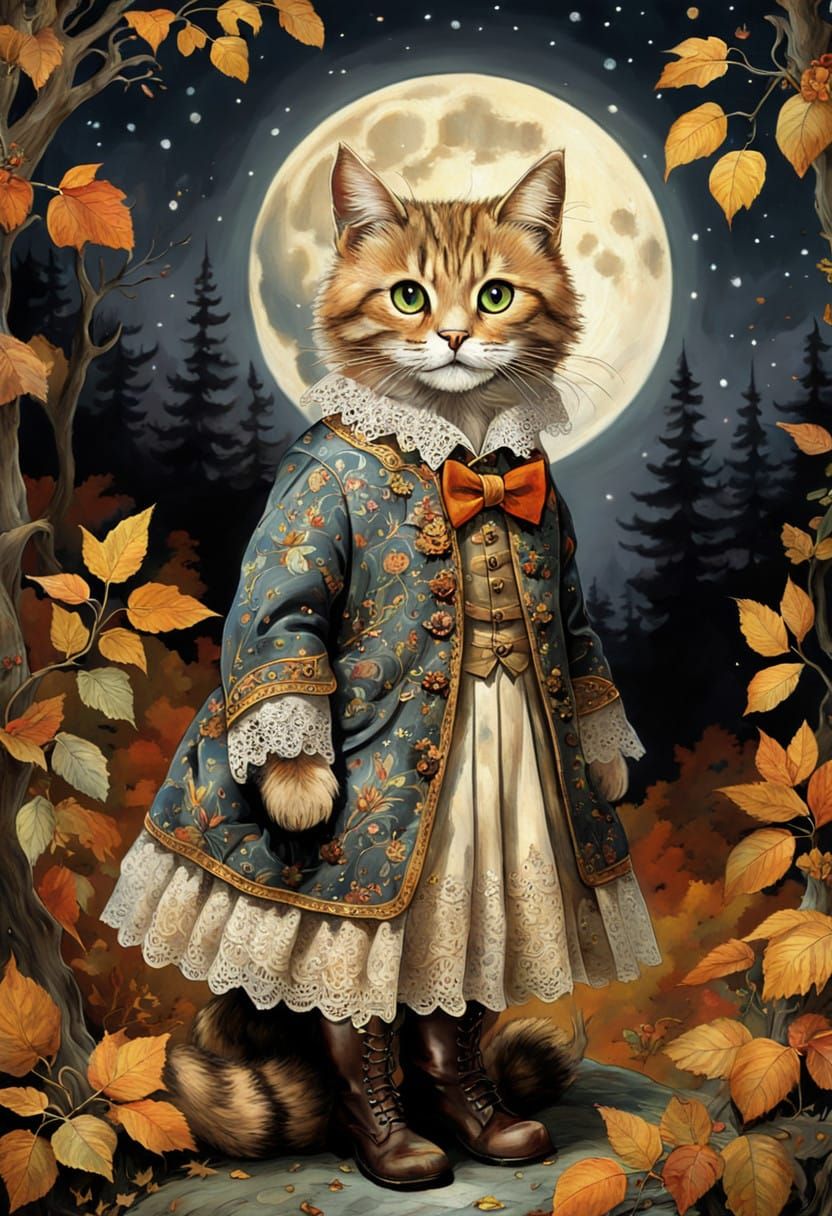 Golden Cat Gentleman Under Autumn Moonlight