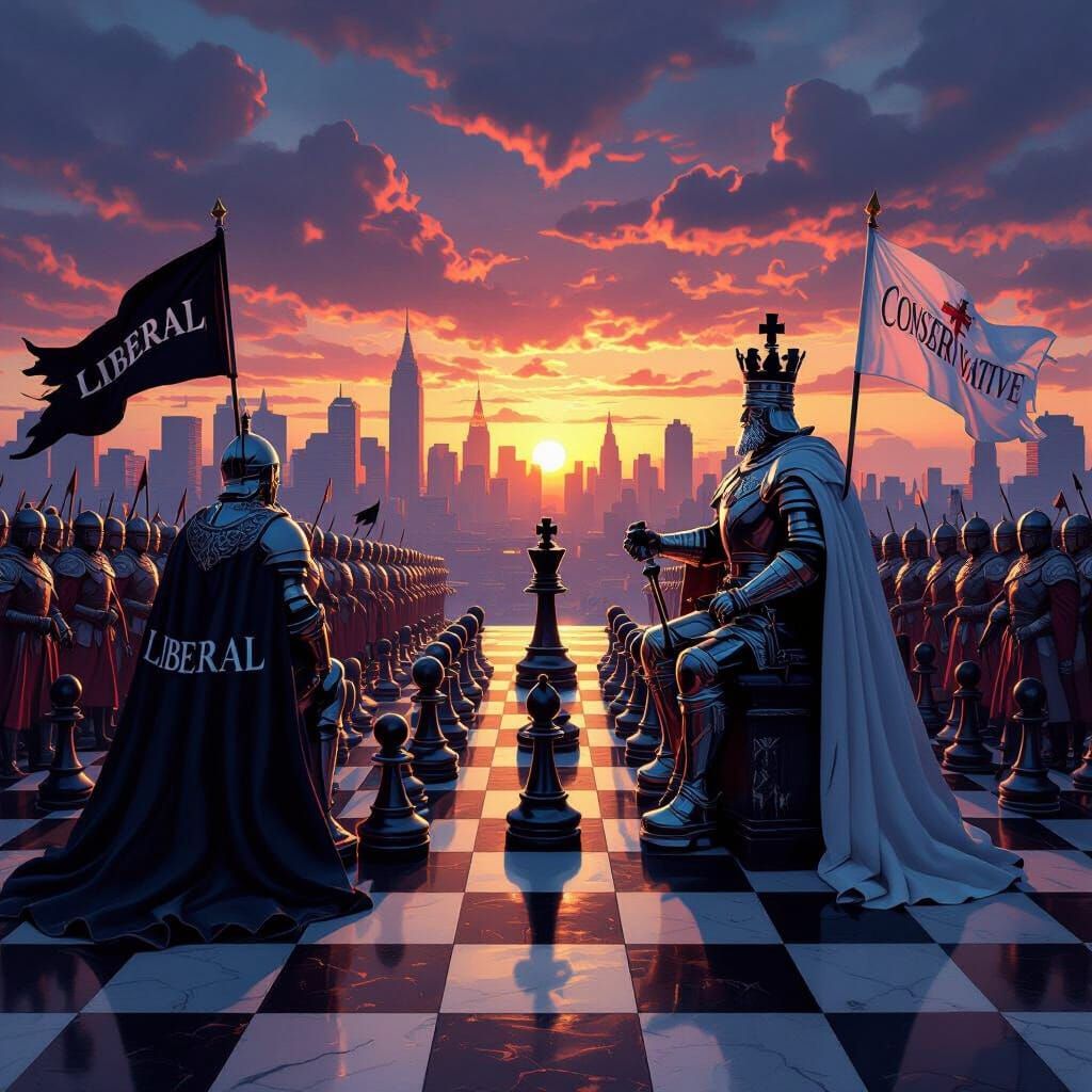 Ideological Chess Battle Under Western City Skyline