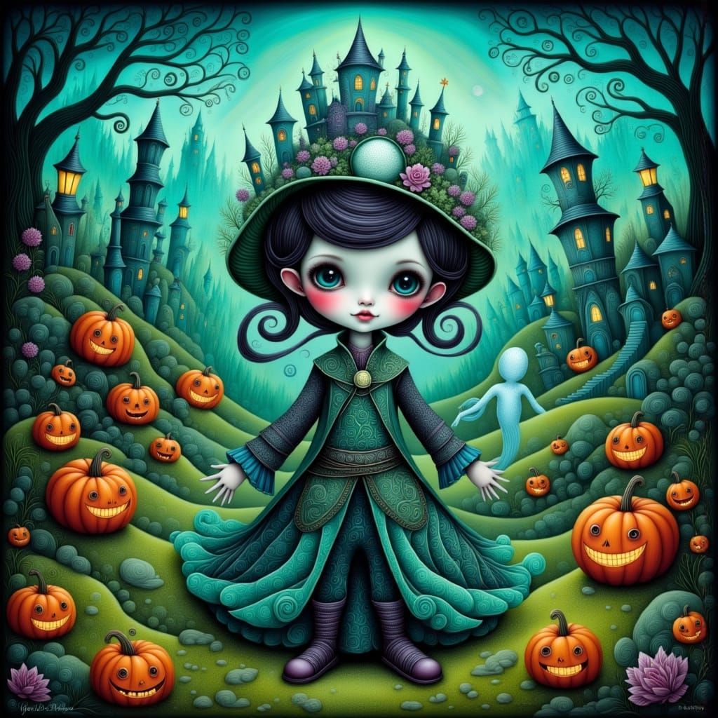 Whimsical Necromancer Boy and Ghostly Pet in Eerie Graveyard