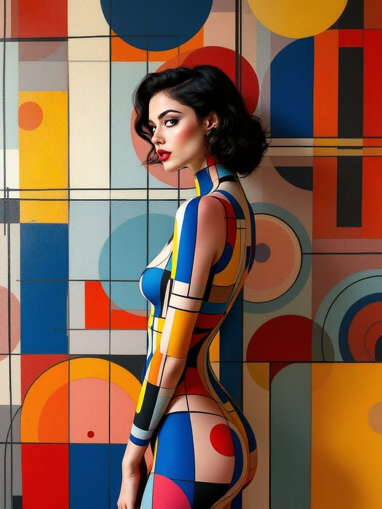 Woman Merges with Geometric Art in Vibrant Jazz Age Style