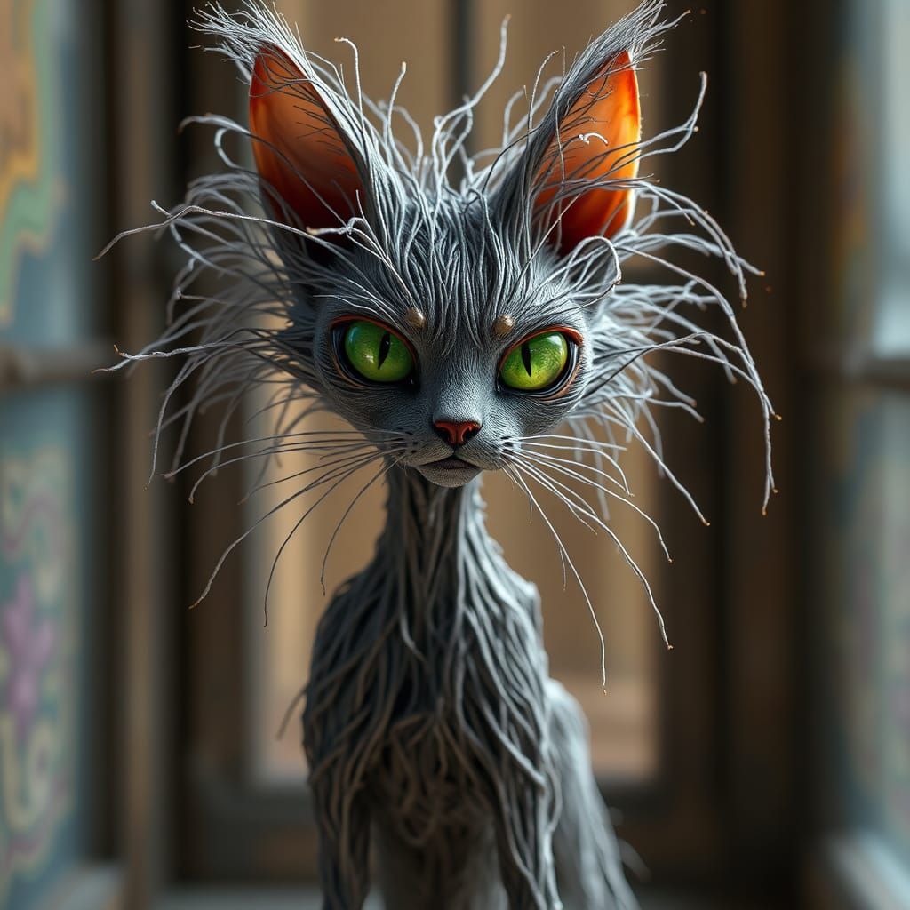 Surreal String Sculpture of a Whimsical Cat