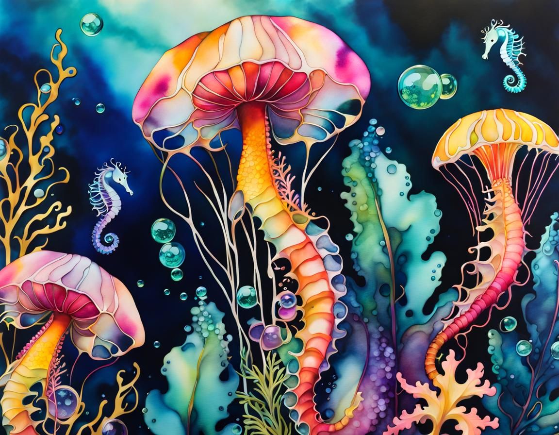 Colorful Jellyfish in Deep Ocean Filigree