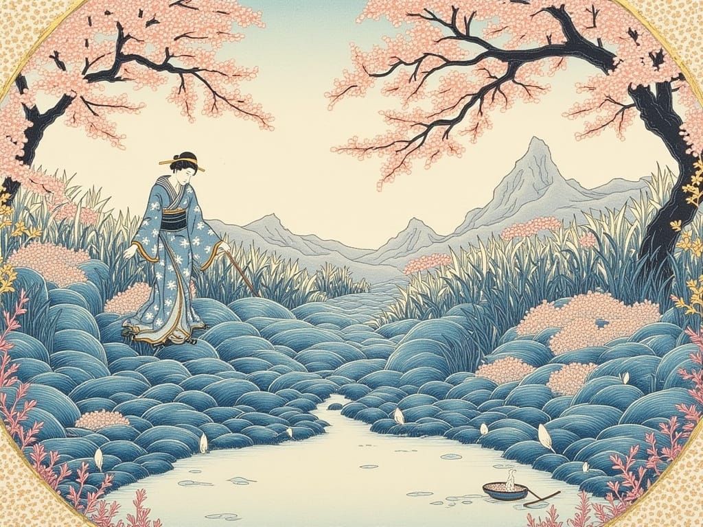 Ukiyo-e Style Garden with Gardener in Indigo and Vermilion