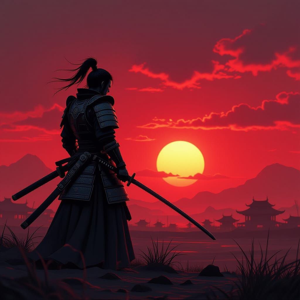 Samurai Silhouette Against Blood-Red Sunset