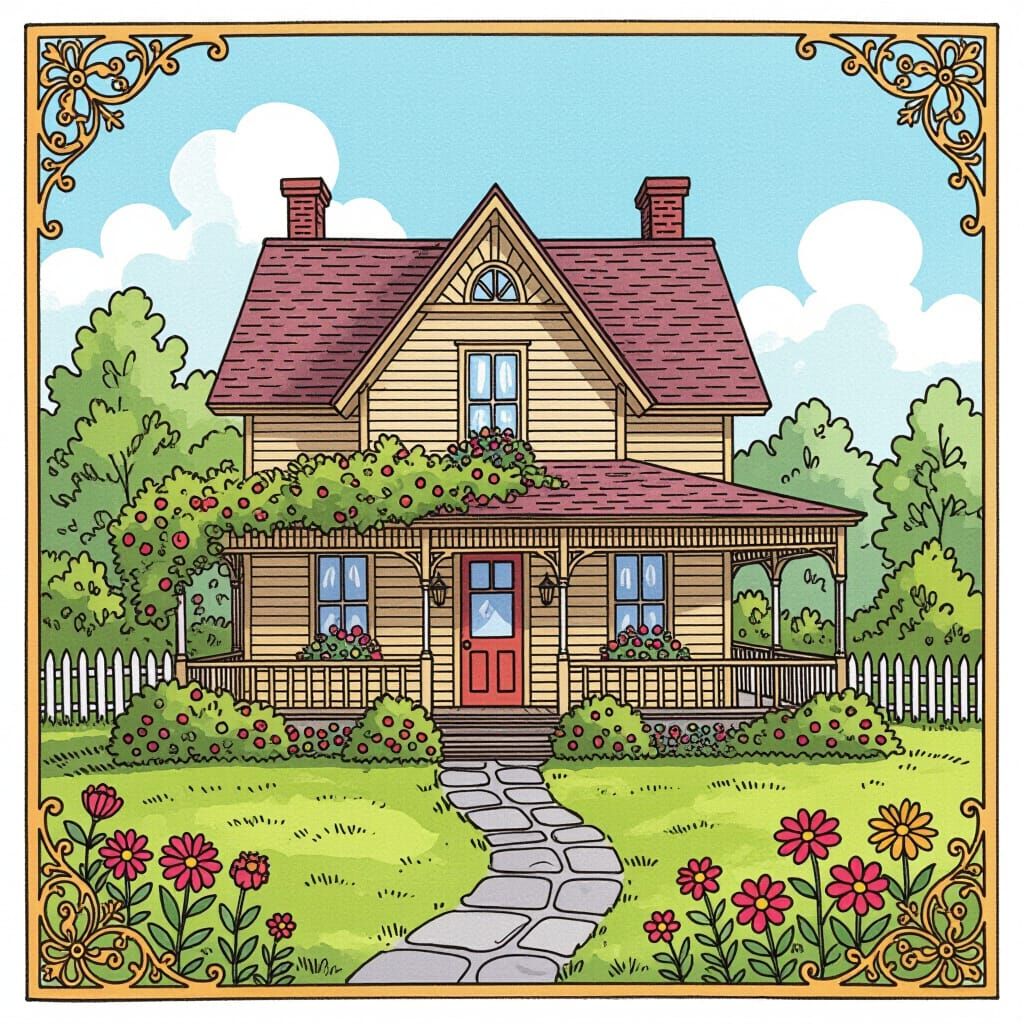 Floral Old Home: Filigree Pen and Ink Illustration