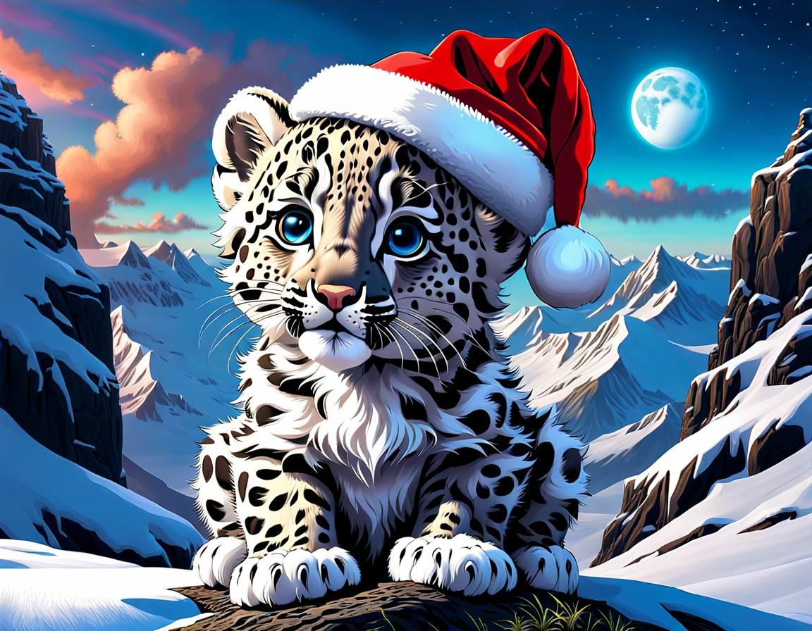 Cute Snow Leopard Cub in Santa Hat