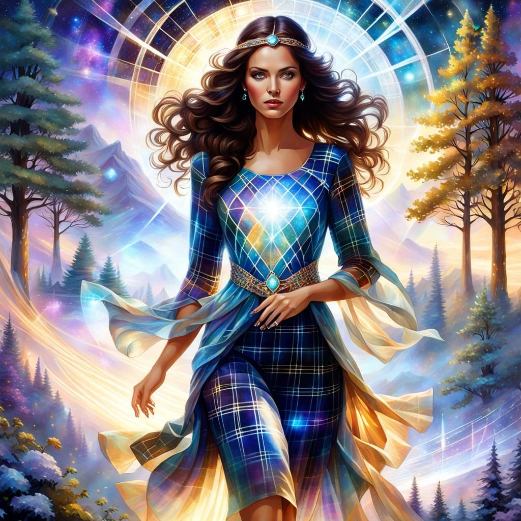 Magical Portrait of a Beautiful Woman in a Plaid Dress