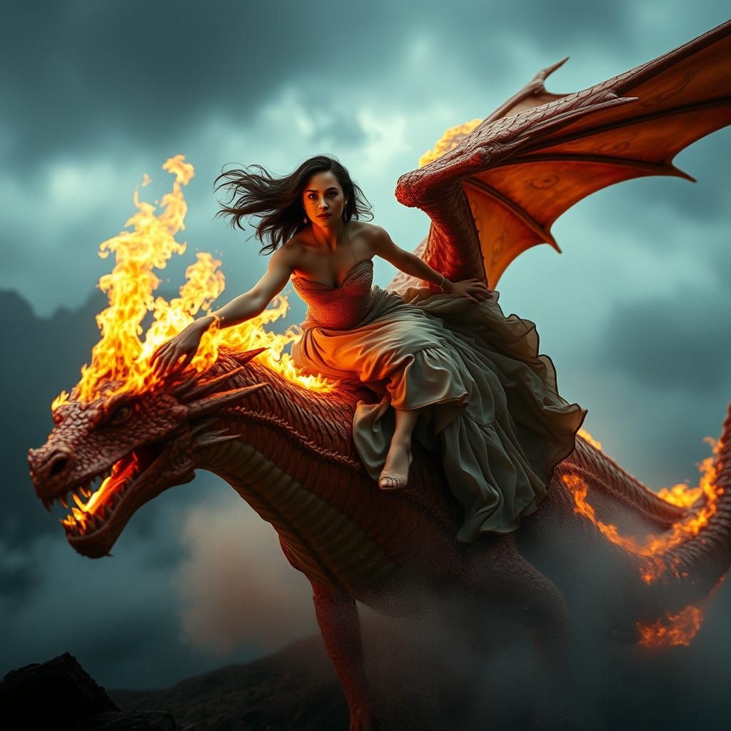 Epic Fantasy Portrait of Jennifer Lopez Riding a Fire-Breath...