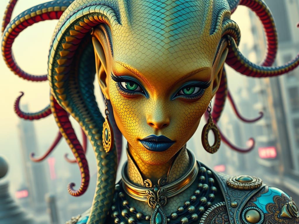 Stunning Synthwave Alien Goddess in Futuristic Arcology