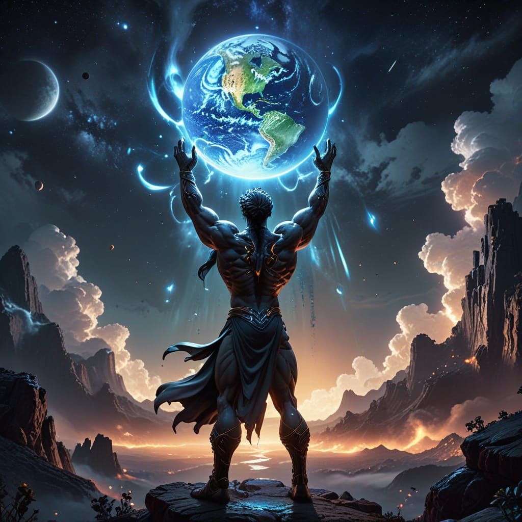 Godly Figure Displays Earth in Night Sky