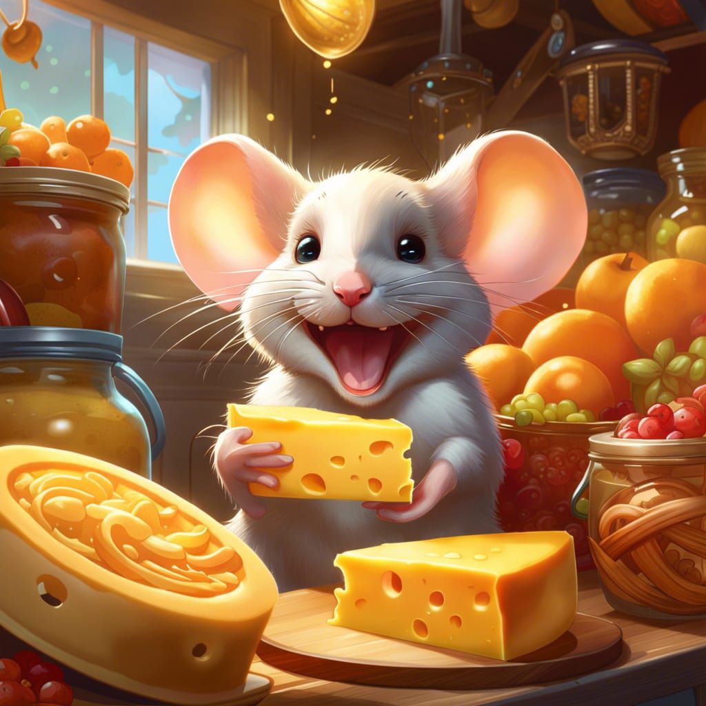 Happy Mouse with Cheese: Art Nouveau Style