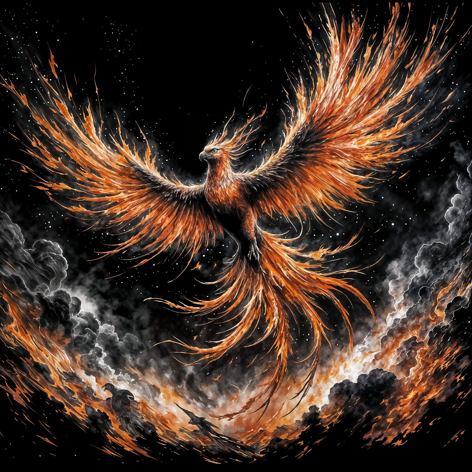 Fiery Phoenix Soaring in Ink Against Night Sky