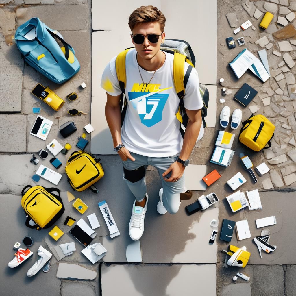 Fashionable Boy in Tourist Spot with Knolling Parts