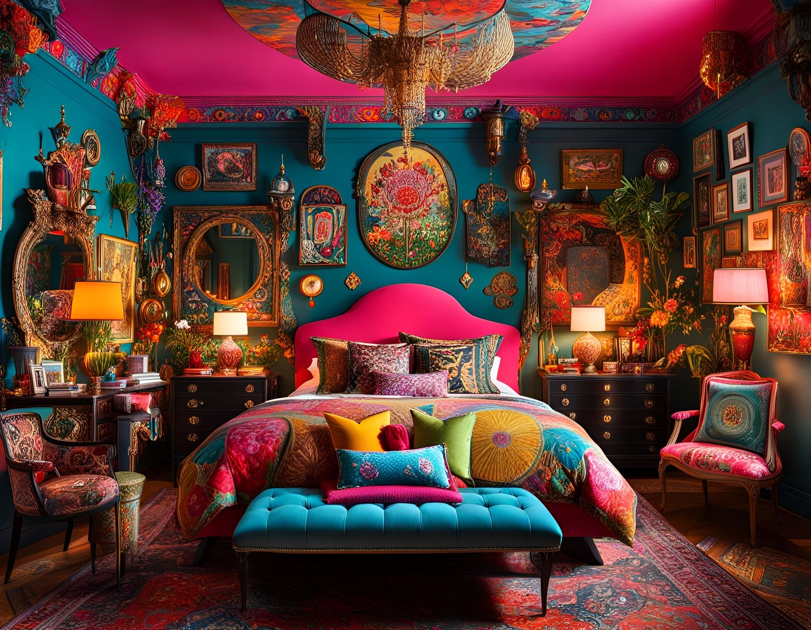 Colorful Maximalist Bedroom in Mixed Media Style