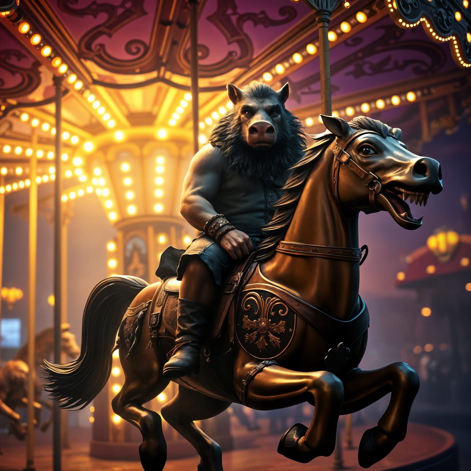 A Dark Fantasy Warrior Rides a Majestic Carousel in a Haunti...