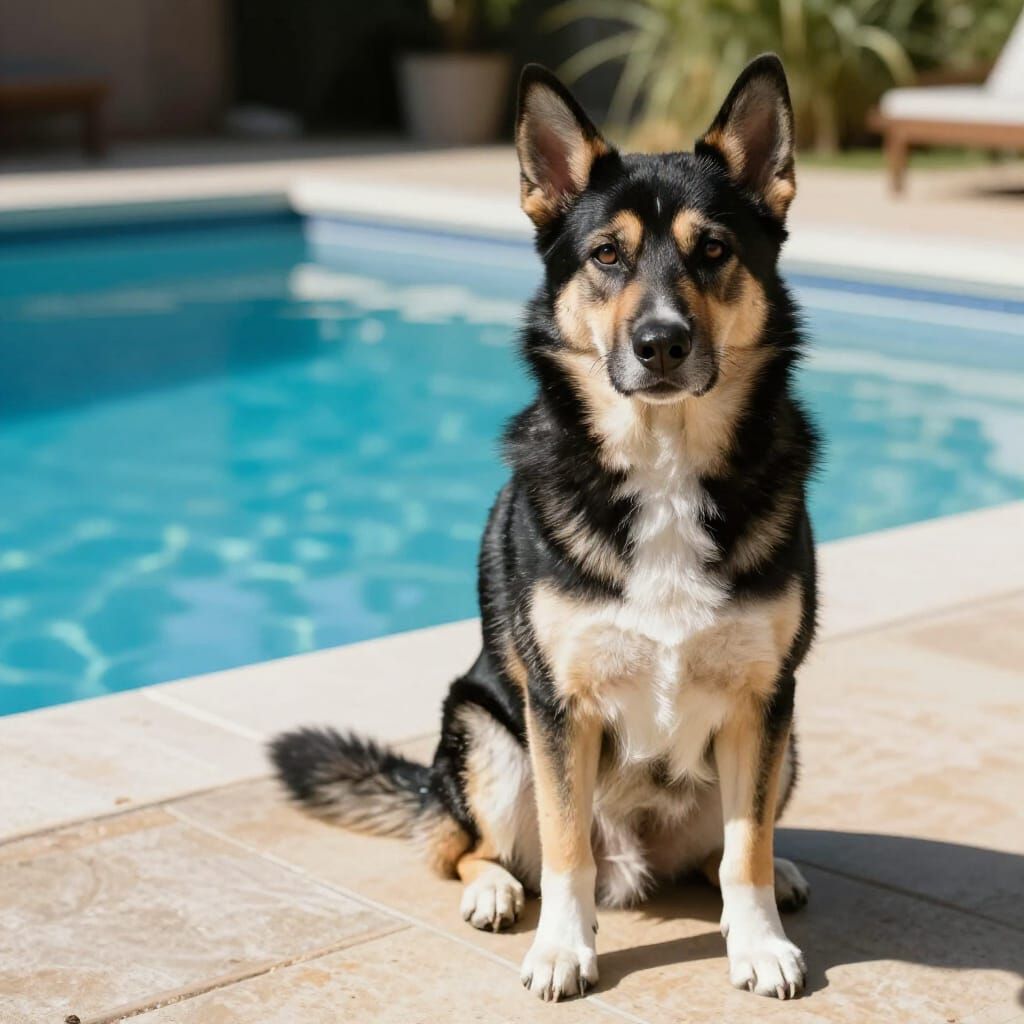 An adorable black, white, and brown German Shepherd/Husky/Labrador mix with natural ears, sitting on a patio by a pool s...