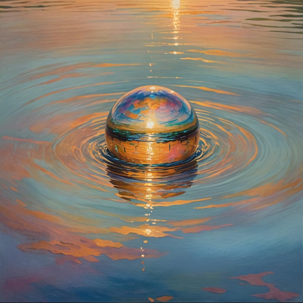 Iridescent Orb Floating in Golden Sunset Landscape