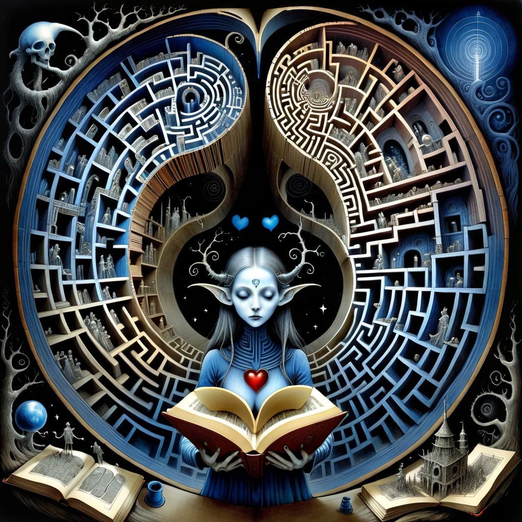 Labyrinth Heart Blueprint Drawing in Pen and Ink