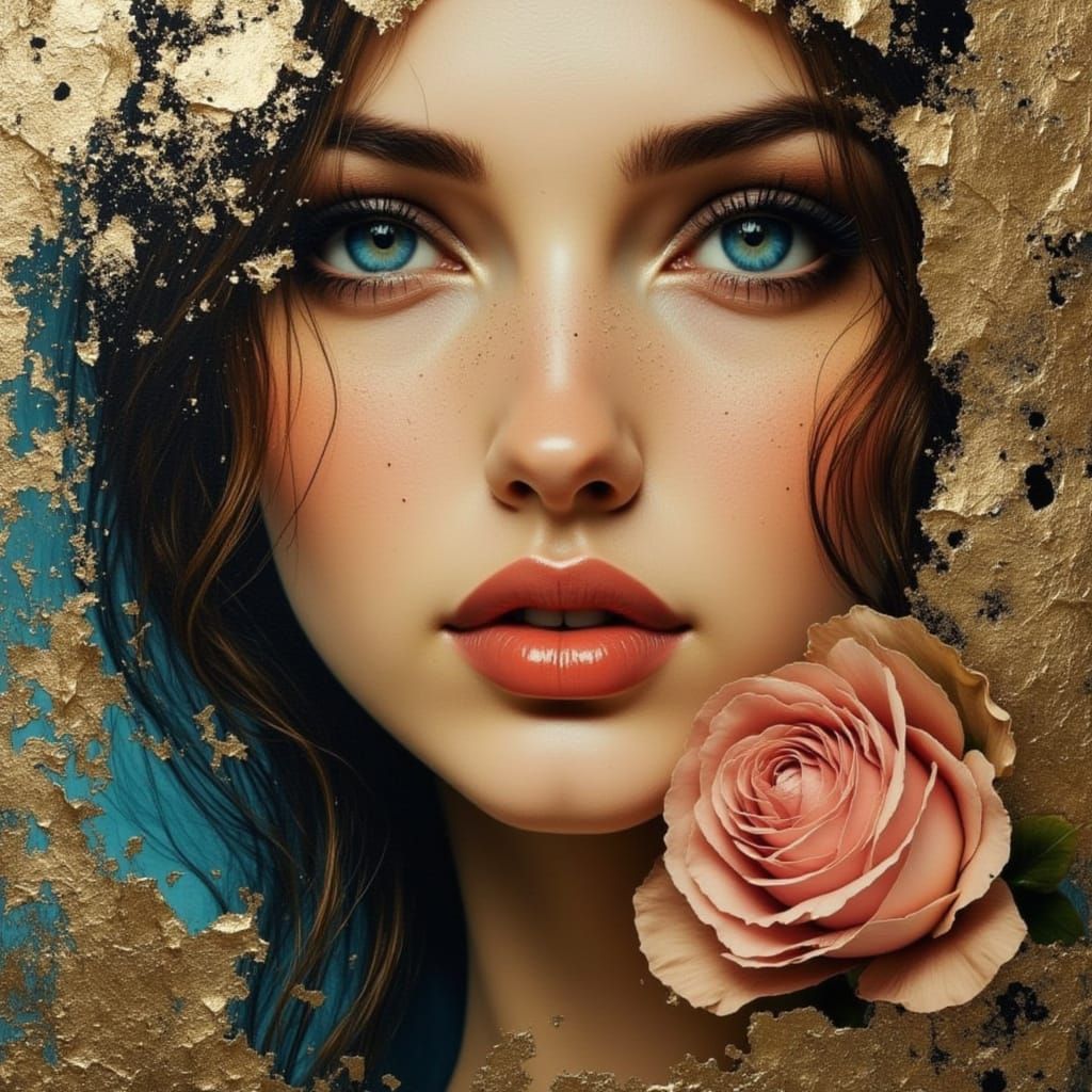 Masterpiece Oil Painting Of Woman With Blue Eyes And Rose