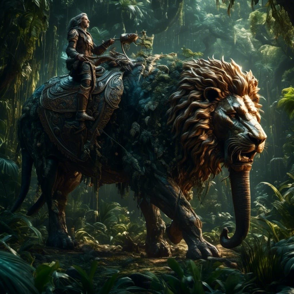 Lion-Elephant Hybrid in Dark Fantasy Realism