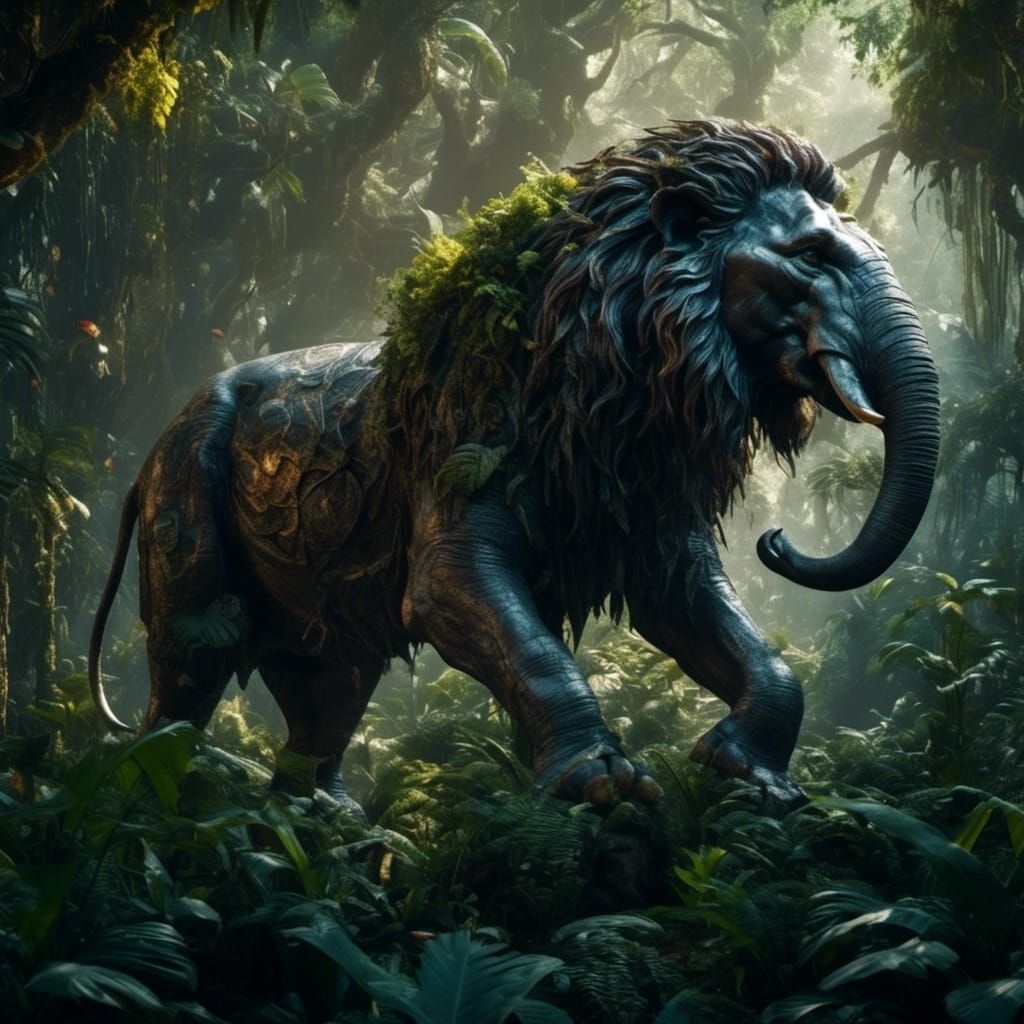 Lion-Elephant Hybrid in Dark Fantasy Style