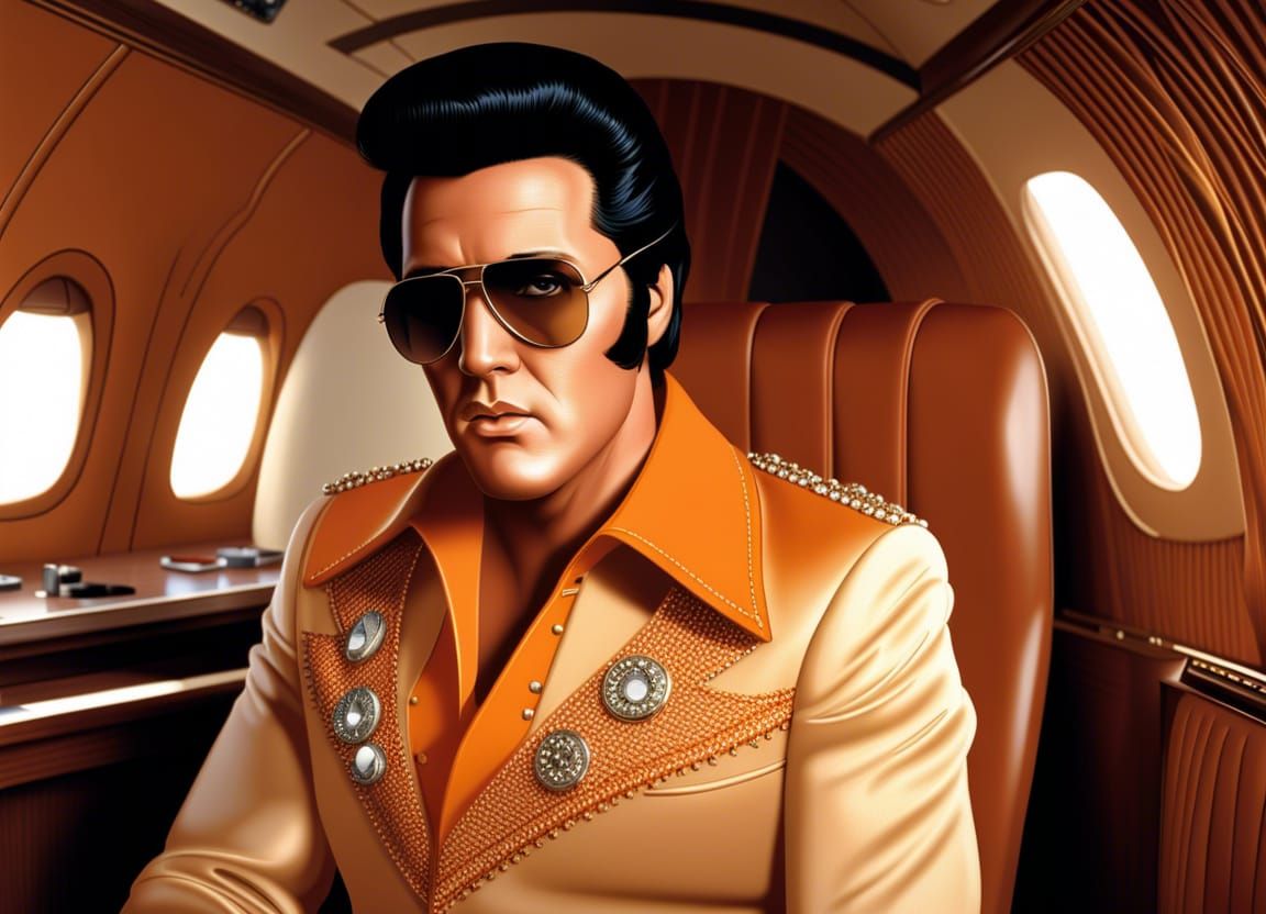 Elvis Presley in his private jet in 1974, wearing his trademark shades.