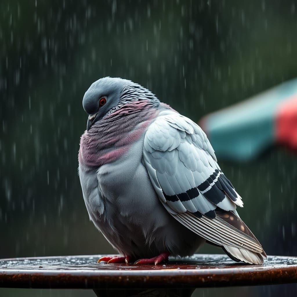 Pigeon in Heavy Rain on Bird Table