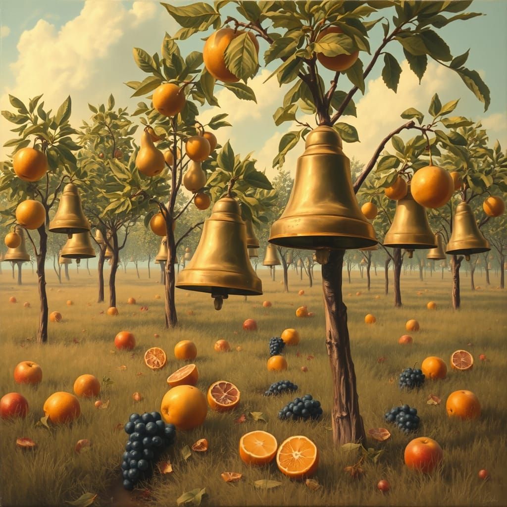 Giant Bronze Bells Replace Fruit on Surreal Trees