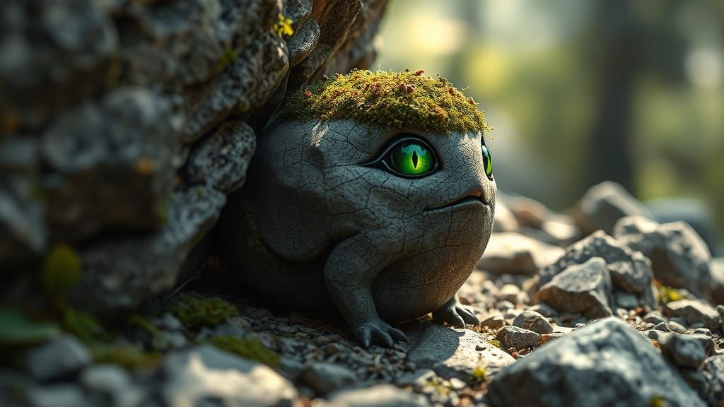 Whimsical Lichen-Covered Pebble Creature Emerges from the Ea...
