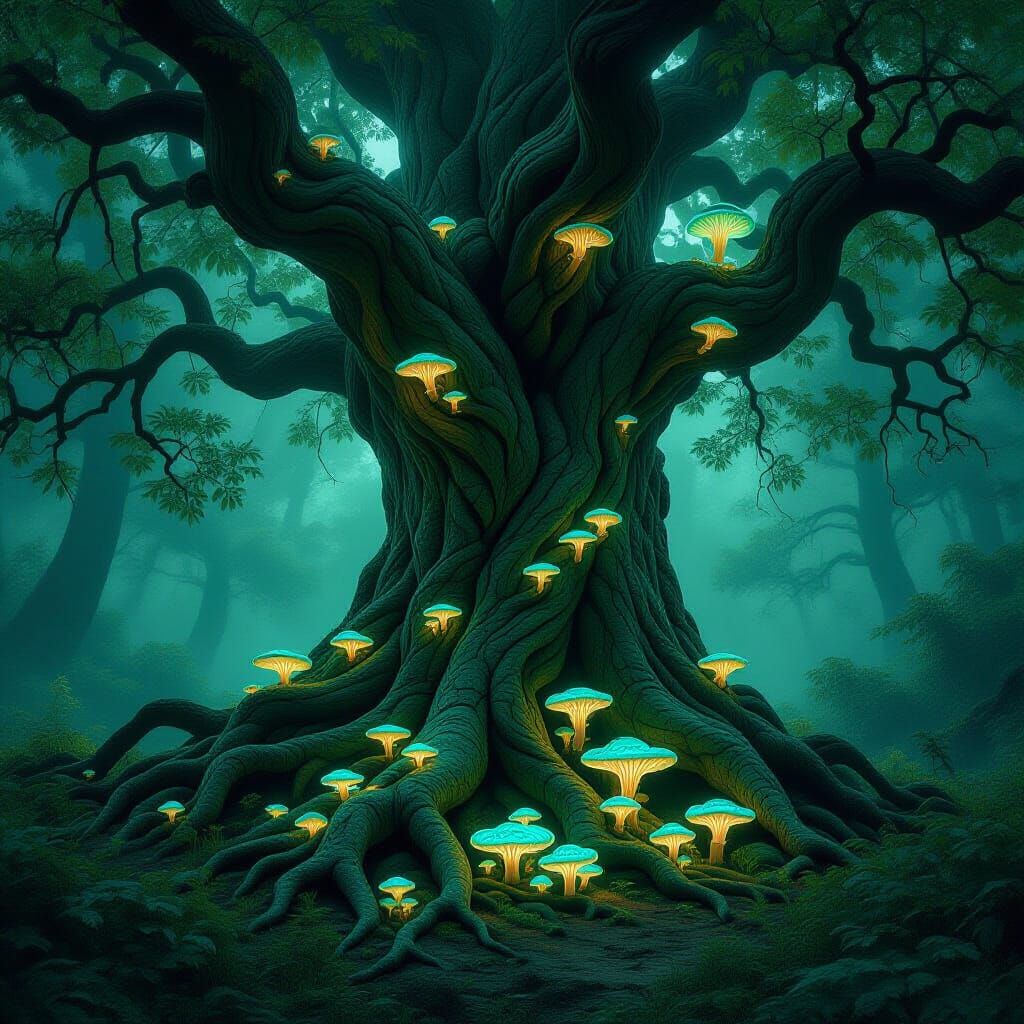 Ancient Tree with Art Nouveau Bark in Mystical Forest