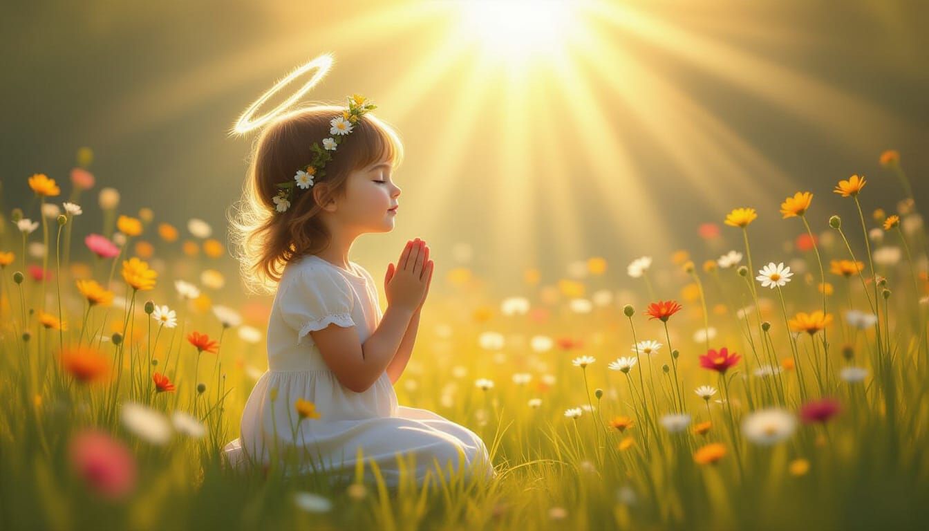 Divine Light Illuminates Prayerful Scene in Sunlit Meadow