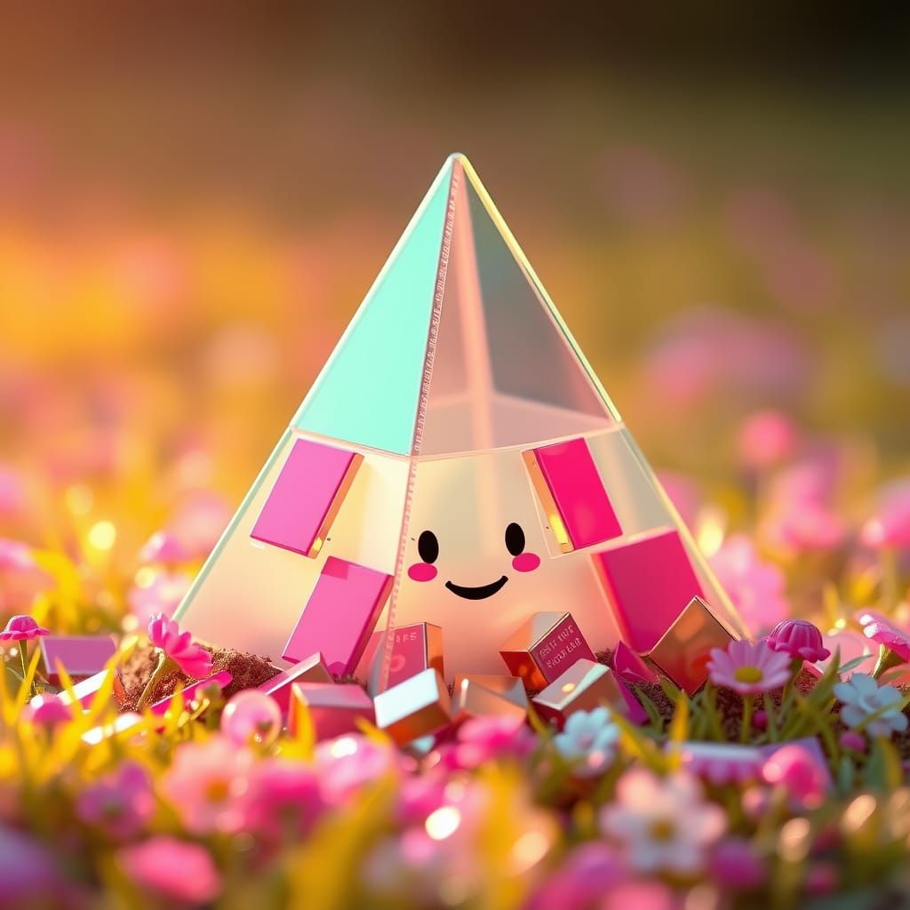 Plastic Pyramid with Smiling Face in Neon Landscape