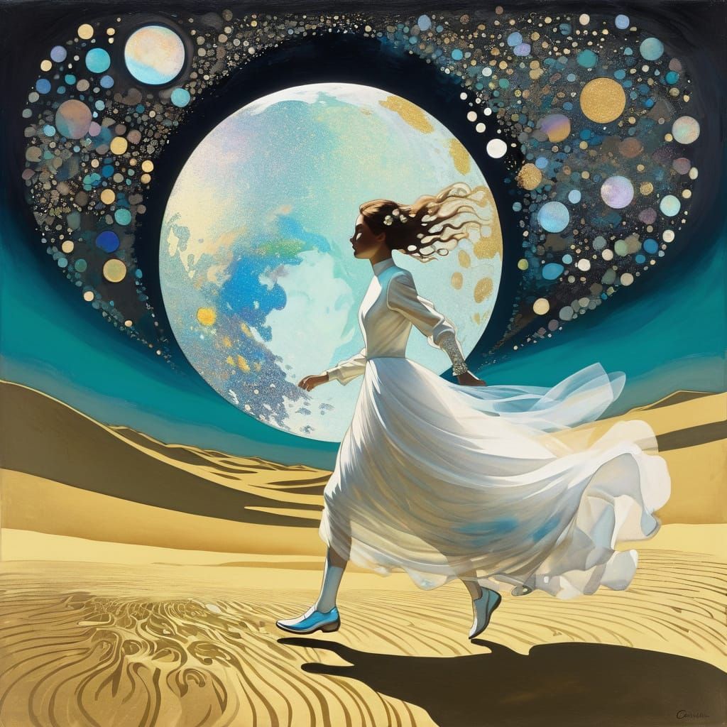 Surreal Bride Runs Through Moonscape with Iridescent Ball