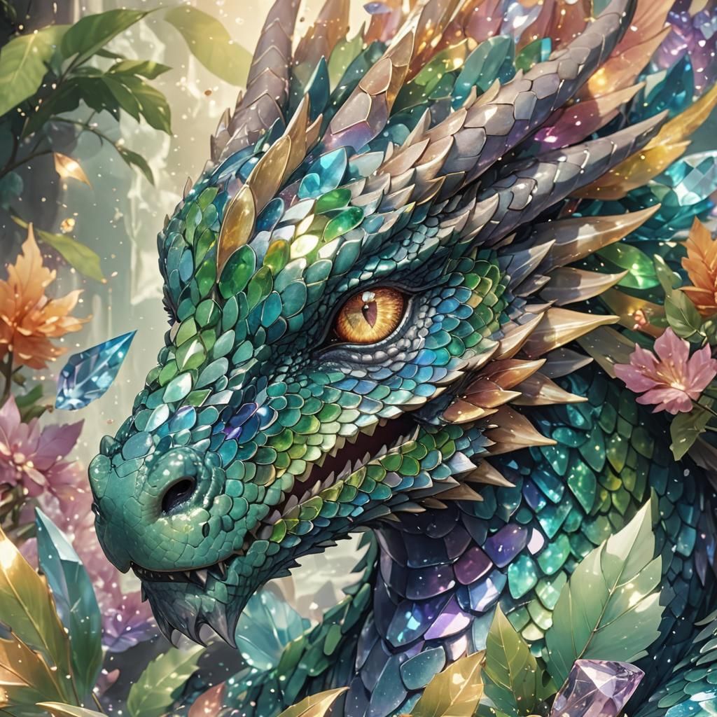 Gemstone Dragon on Crystal Pedestal in Anime Style