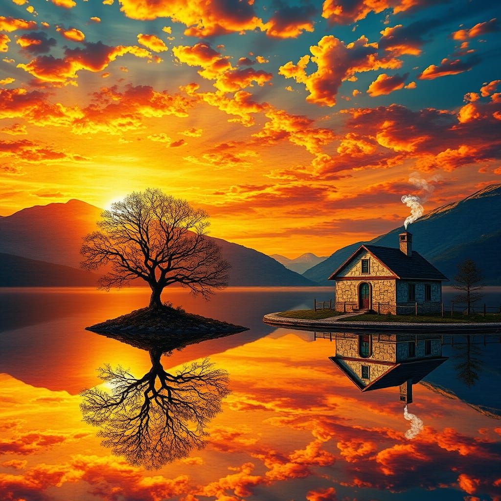 Sunset Lake Mosaic Artwork with Solitary Tree and House