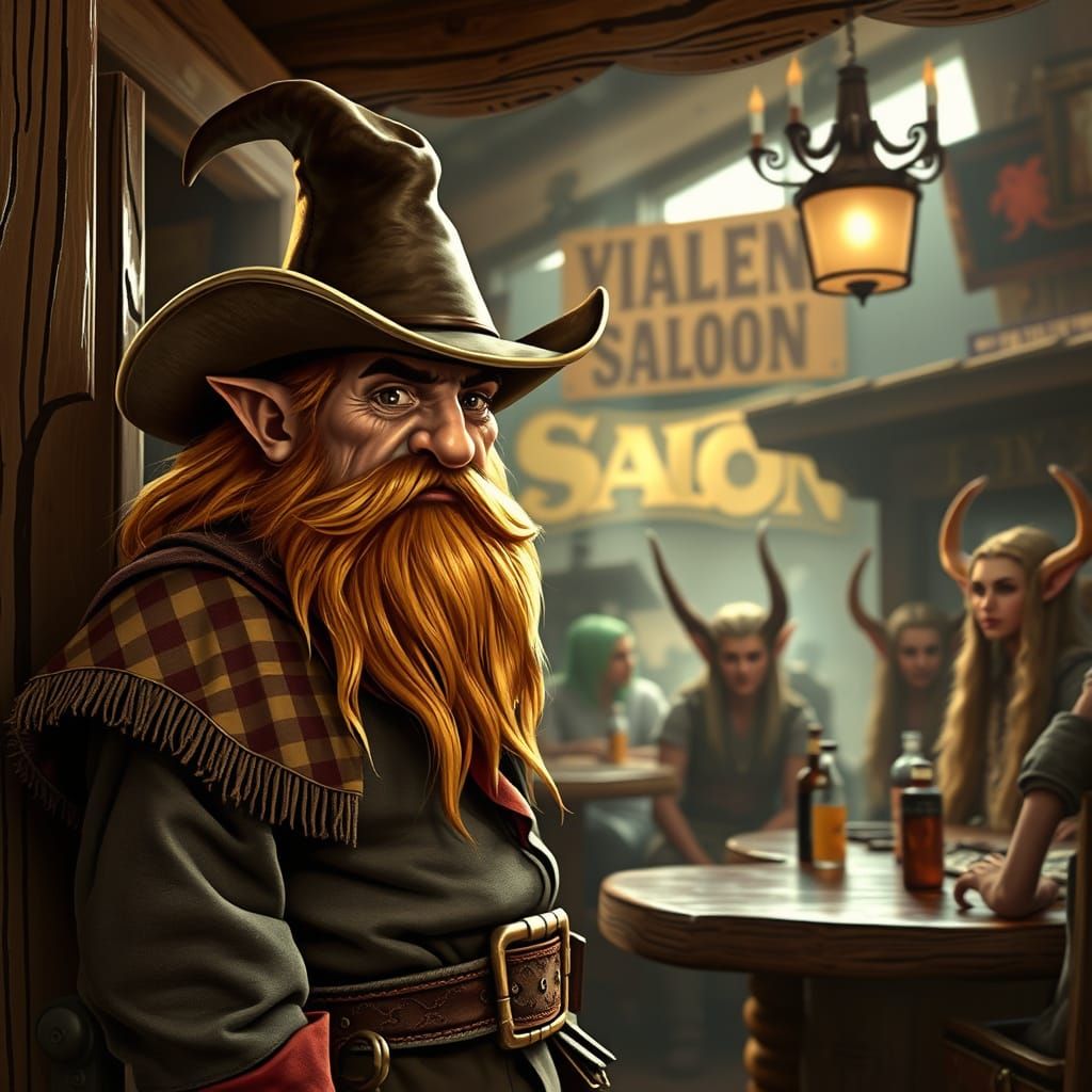 Dwarf Sheriff at Saloon Door with Elves