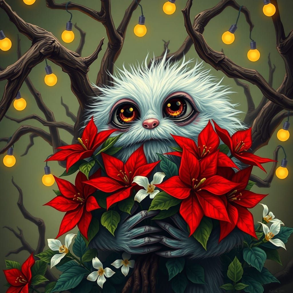 Whimsical Christmas Monster Holding Poinsettias in a Twisted...