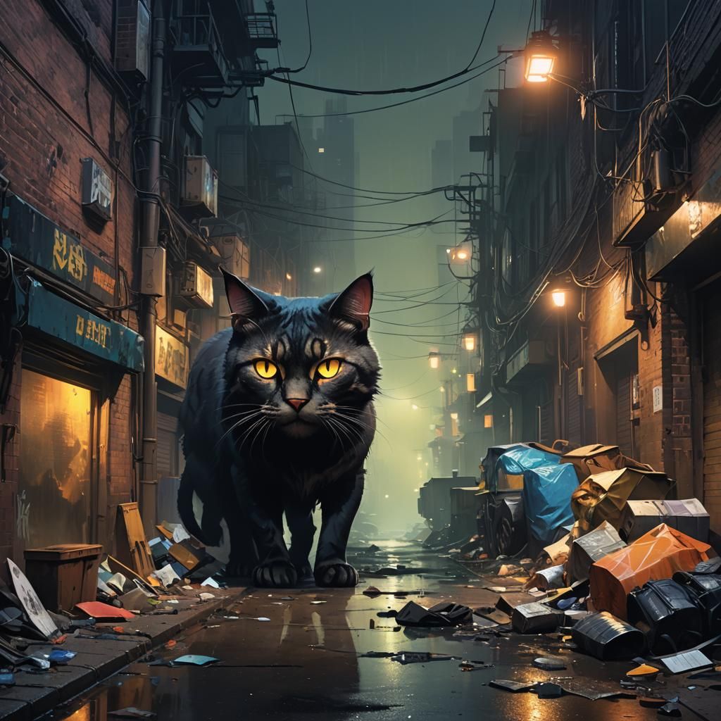Gigantic Cat Face in Neon Dystopian Alleyway