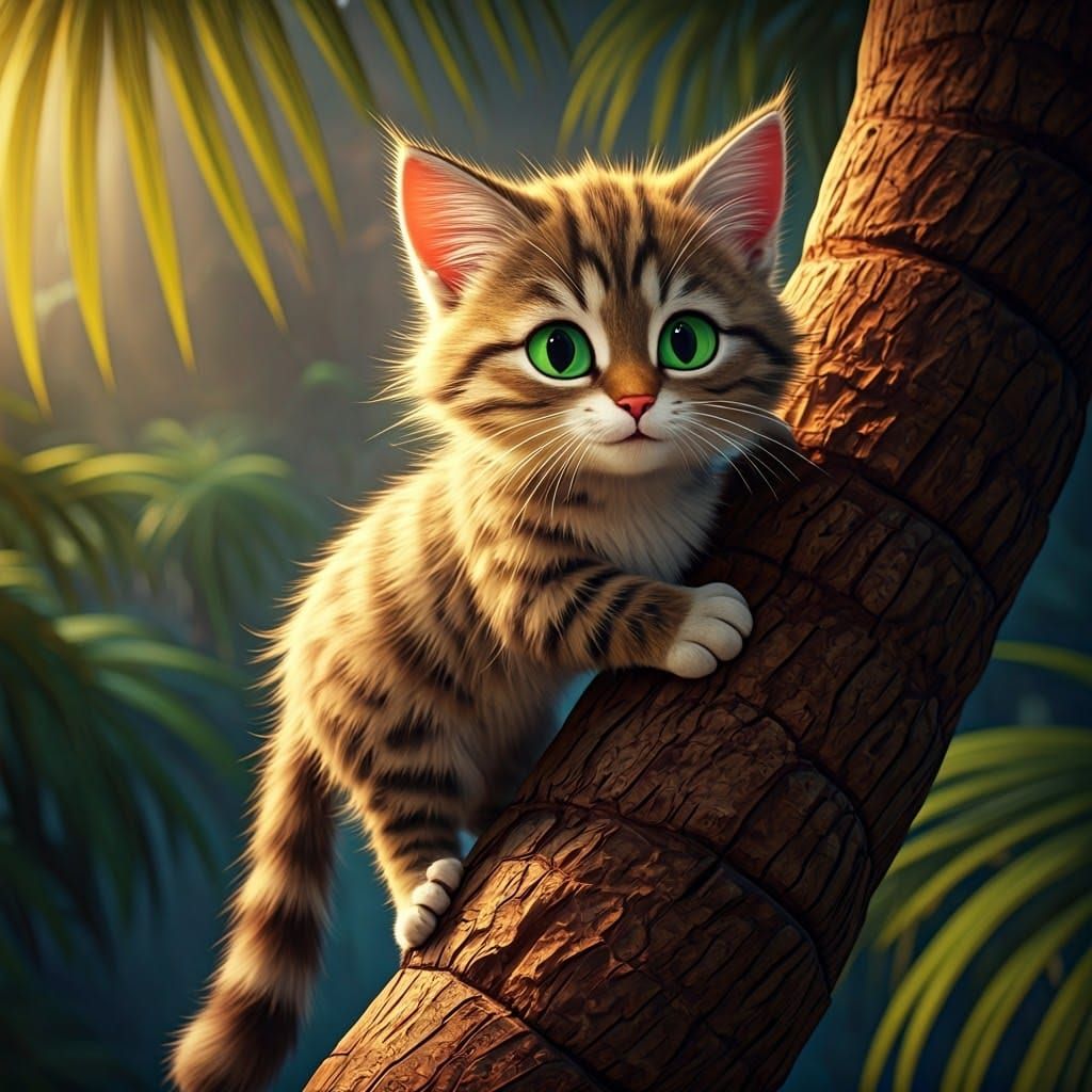 Pixar Style Tabby Cat Climbing Palm Tree