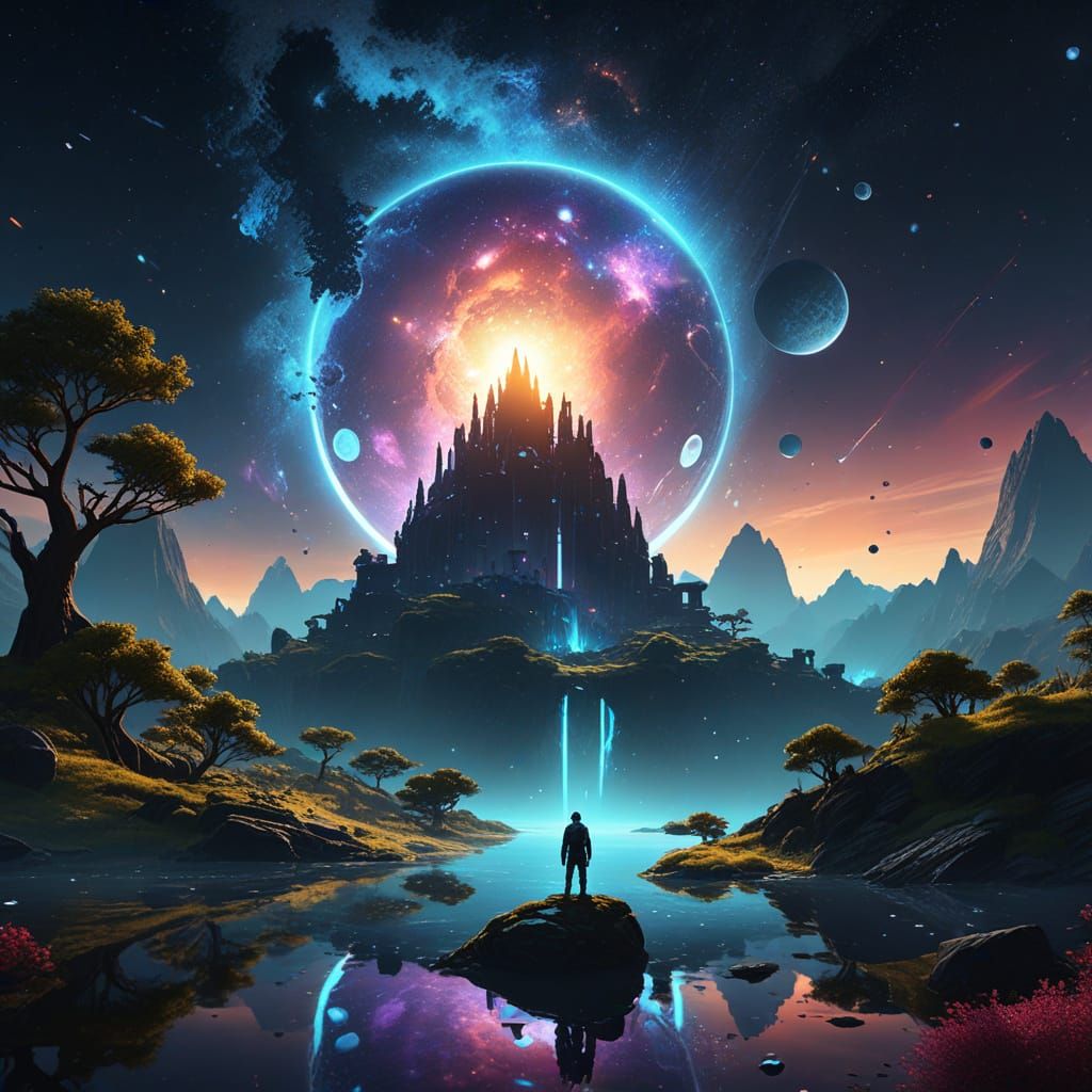 Cosmic Philosopher on Floating Island in Fantasy Art Style