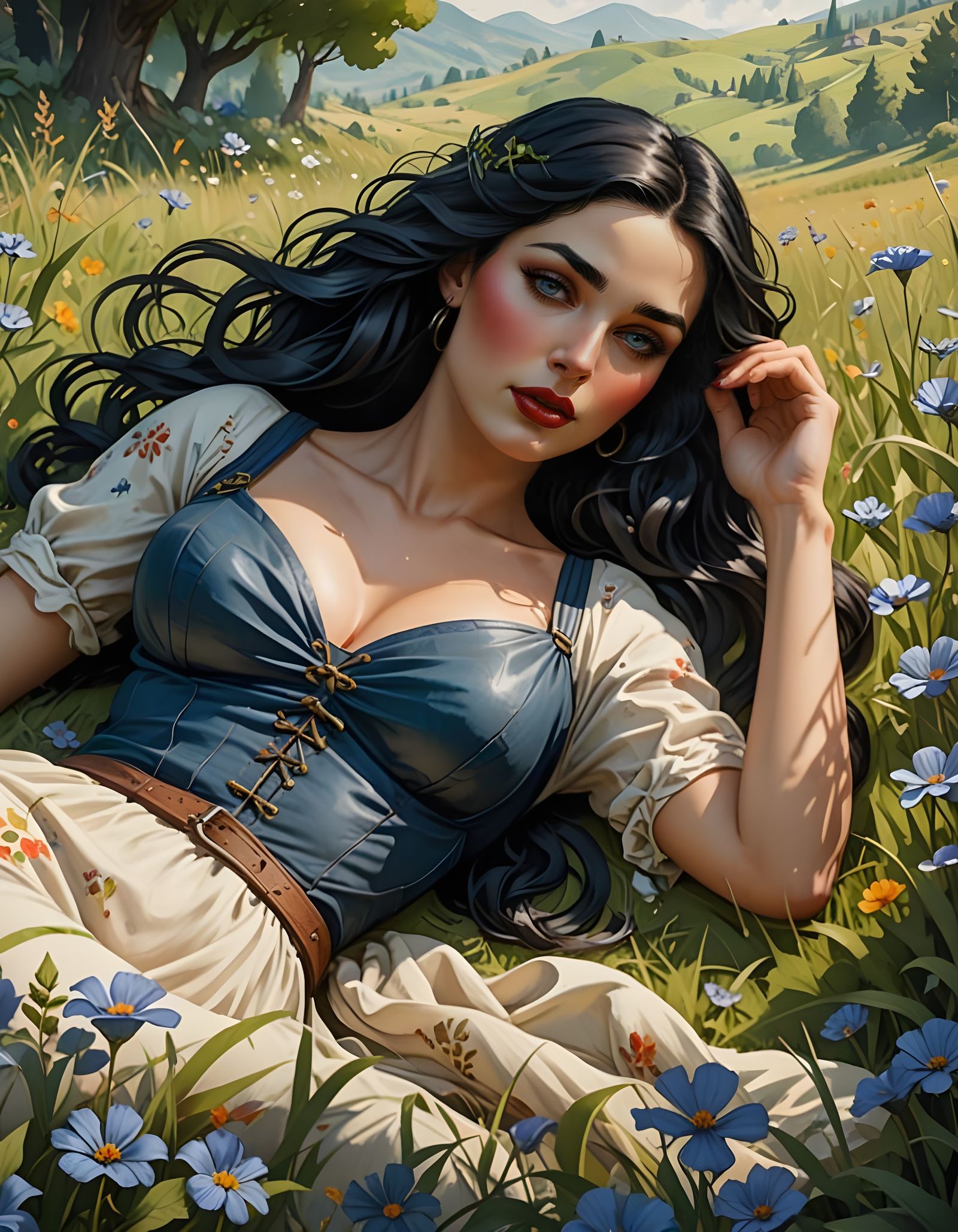 Italian Watercolor Pinup in a Fantastical Meadow