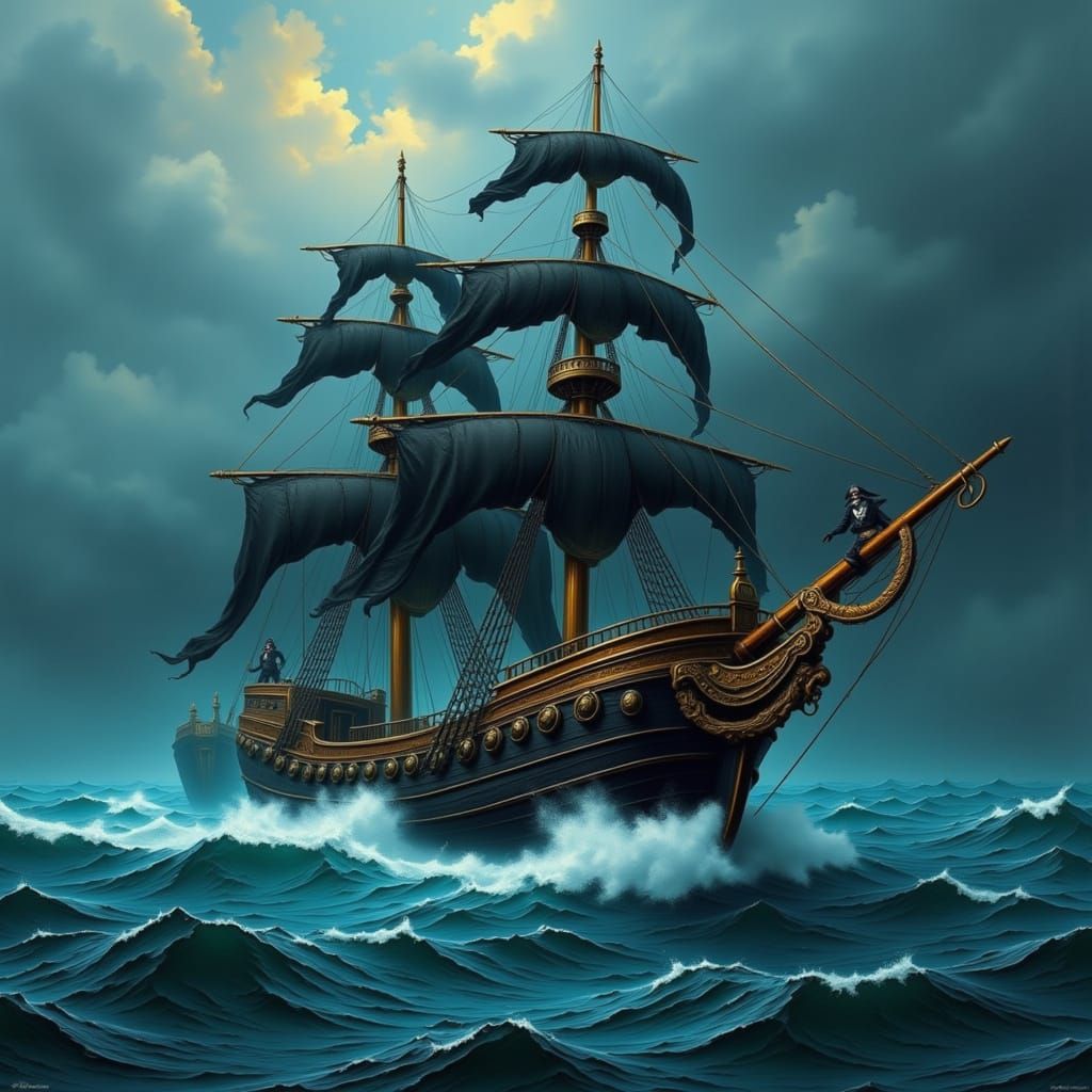 Majestic Pirate Galleon Sails Through Stormy Seas in Industr...