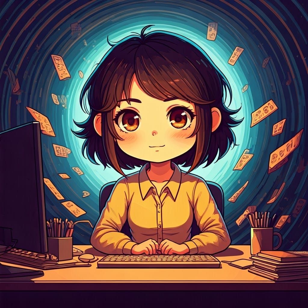 Vibrant Chibi Woman Surrounded by Whirling Comments