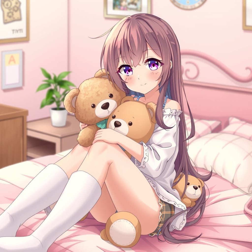 Cute Anime Girl Hugs Teddy Bear in Cozy Bedroom