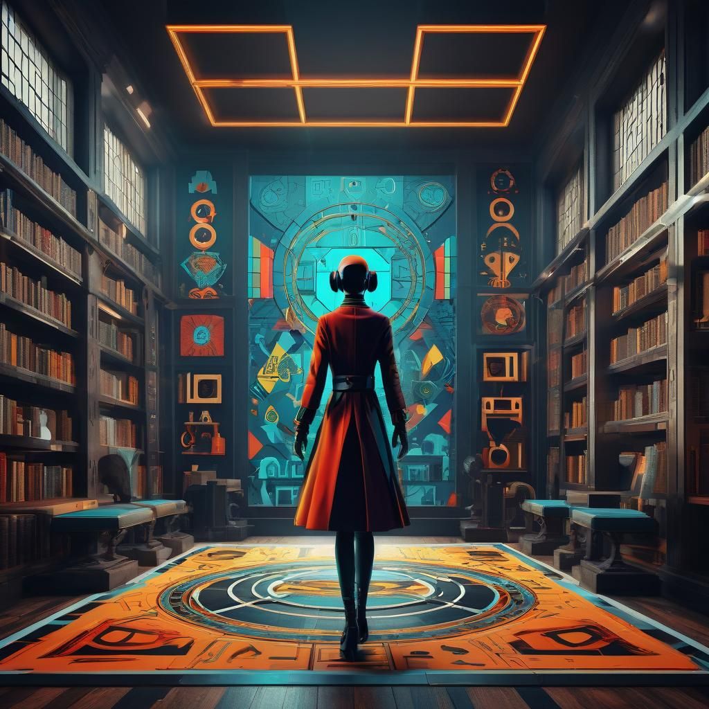 Pop Art Cryptic Figure in Modern Bauhaus Library